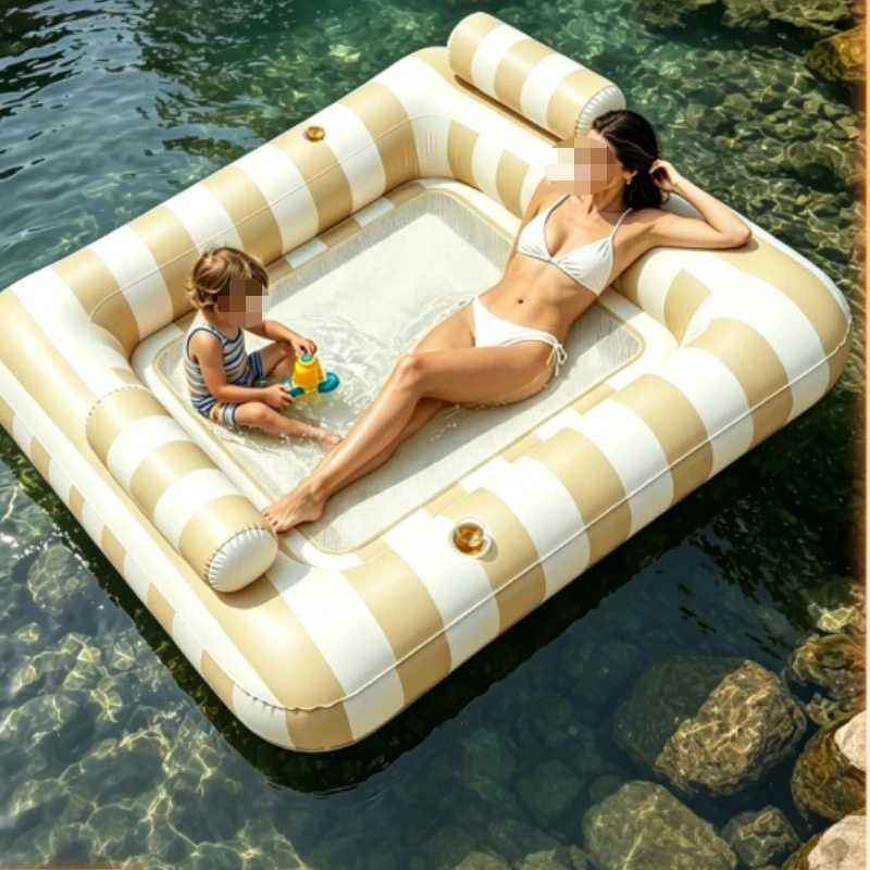Double striped square pvc water inflatable floating recliner floating bed with pillow