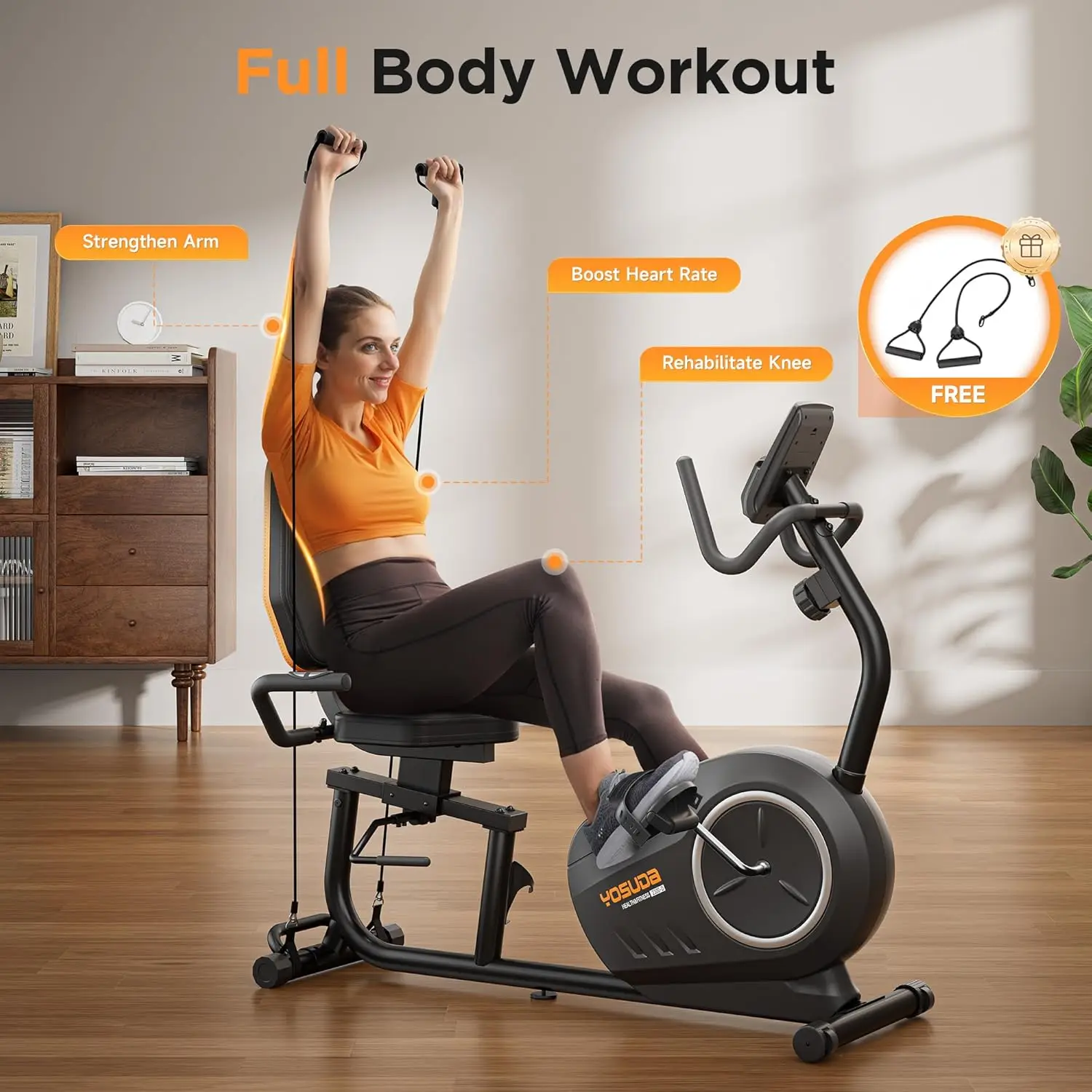 Cyclette reclinata per uso domestico con fasce di resistenza: bici reclinata con APP Smart Workout, sedile comodo, P