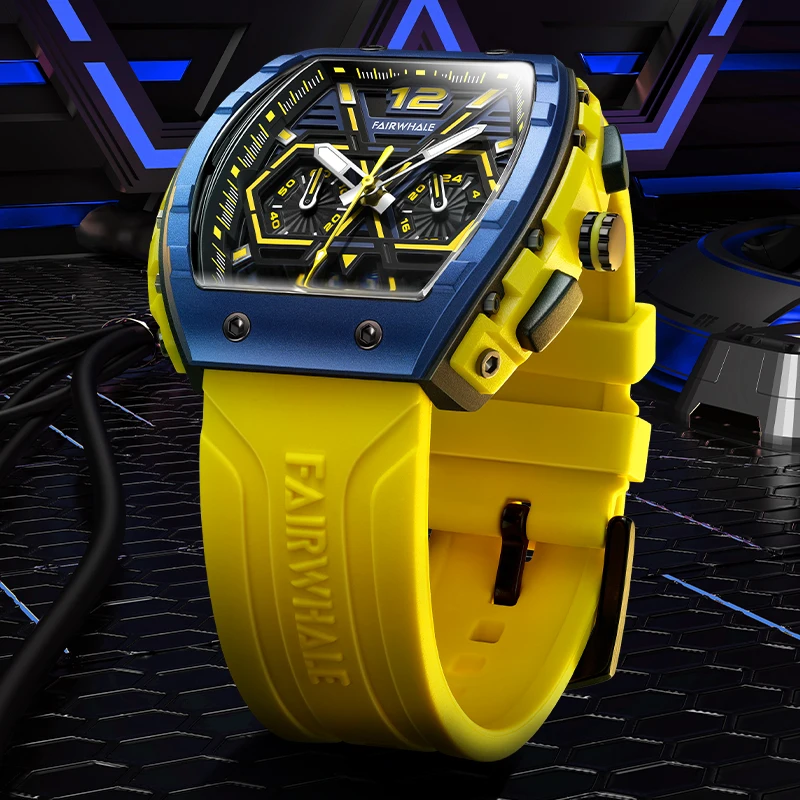 FAIRWHALE New Fashion Quartz Watch for Men Calendar Luxury Waterproof Silicone Strap Luminous Yellow Men Wristwatch Reloj Hombre