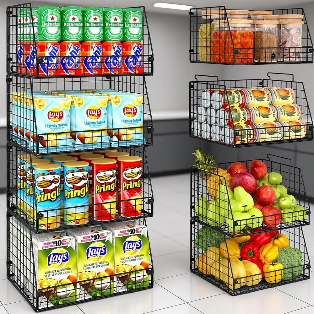 

Extra Large Stackable Wire Baskets for Pantry Storage, Multipurpose Organizer for Vegetables, Fruits, Snacks, and Cans