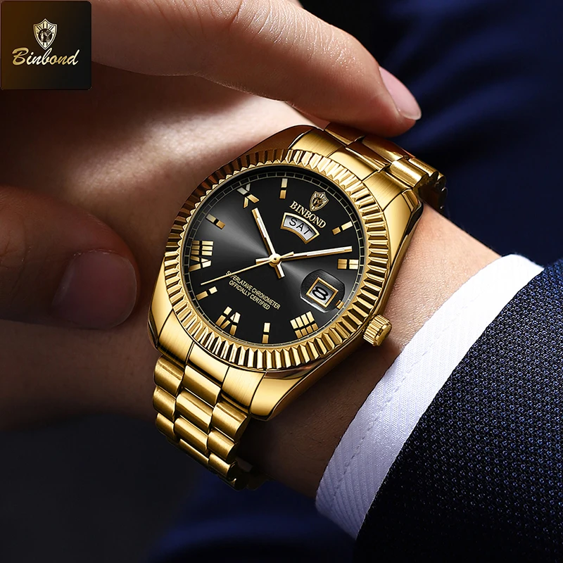 BINBOND ساعة معصم رياضية فاخرة للرجل مقاوم للماء مضيئة تاريخ الرجال ساعة كوارتز الفولاذ المقاوم للصدأ ساعات رجالية Reloj