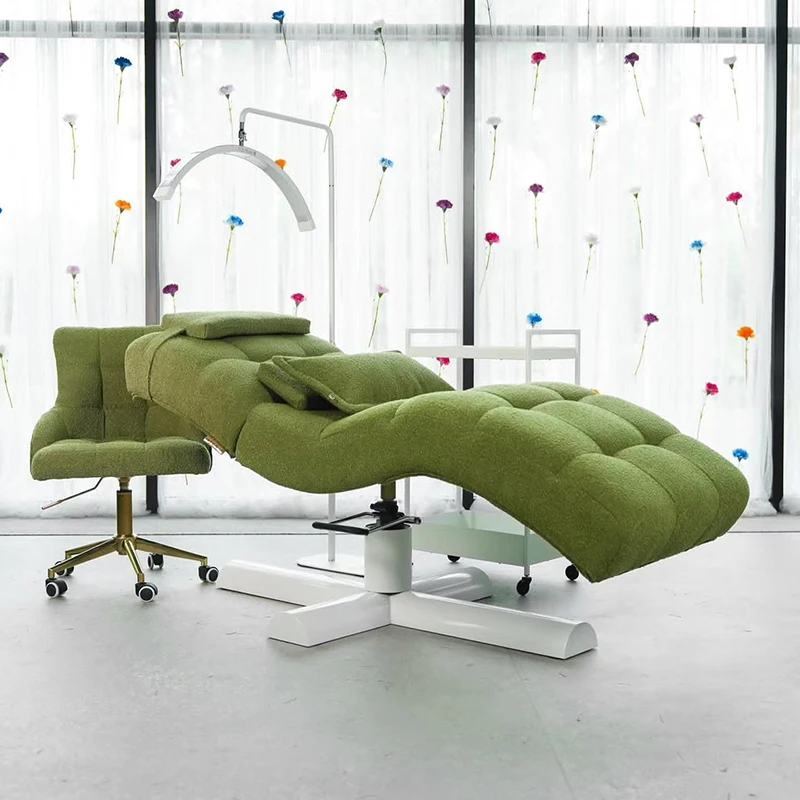 Unique Design Green Fabric Adjustable Head and Legs Beauty Facial Bed Modern Gold Eyebrows Lashes Bed