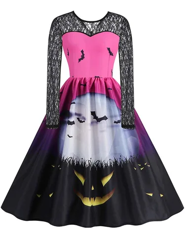 Imagen 2 del producto Vestidos de Halloween para mujer, encaje, manga larga, estampado, disfraces elegantes vintage, vestido de fiesta cosplay
