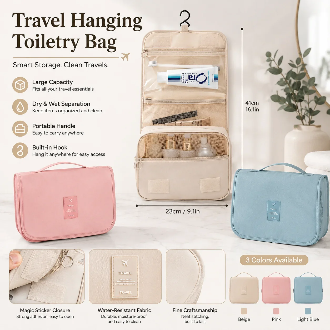 Travel Hook Wash Bag Wholesale Large Capacity Portable Cosmetic Bag Wet Dry Separation Handheld Toiletry Storage Bag