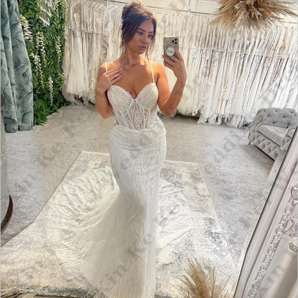 Squisiti abiti da sposa con applicazioni di pizzo per le donne moda Sexy Backless sirena con spalle scoperte senza maniche Mopping abito da sposa