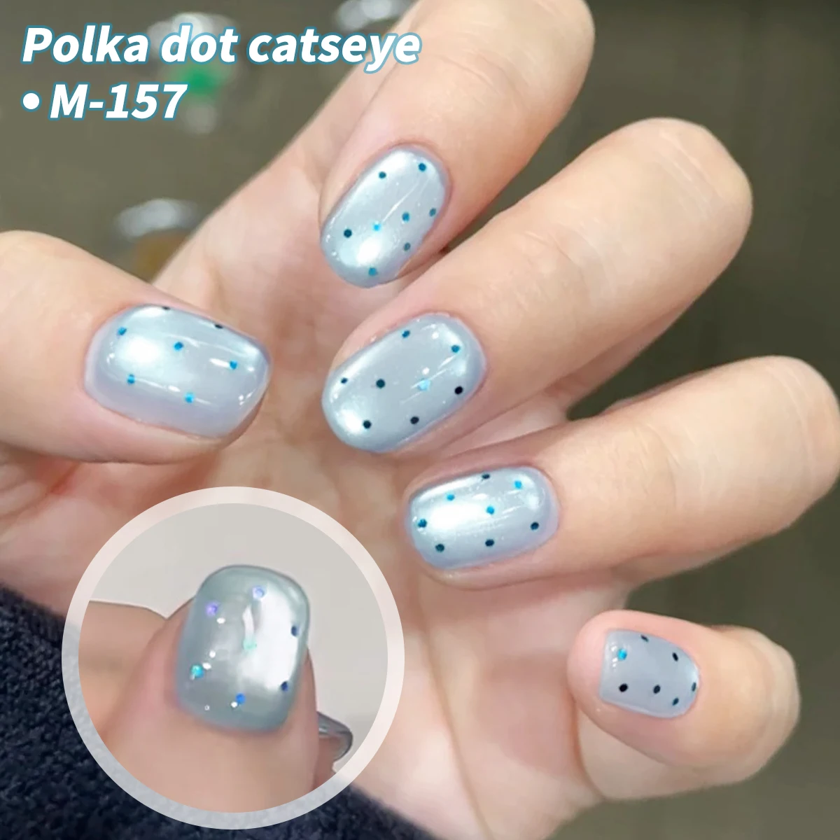 M157--超明るいブルードットキャットアイネイルジェル、人気のファッションサロンキャットアイネイルアート、光沢のある光沢、まばゆいキャットアイ。