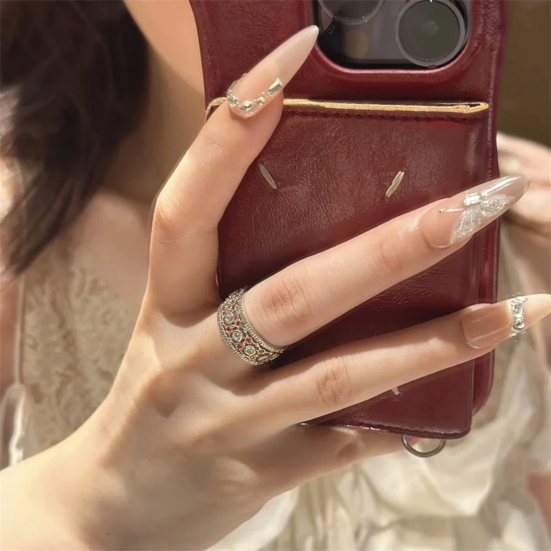 French Retro Pink Crystal Lace Hollow Adjustable Ring for Women Fashion Exquisite Knot Ring Jewelry Accessories Wholesale