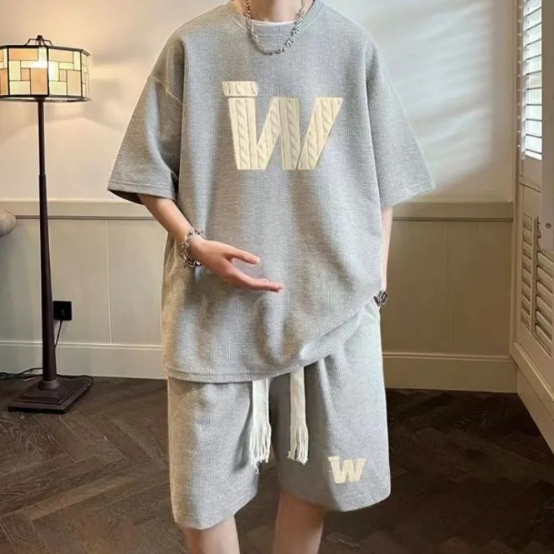 Men Summer Waffle Texture Short Sleeve T Shirt Shorts Two Piece Set Teen Cool Fashionable Sportswear Hong Kong Style view 6