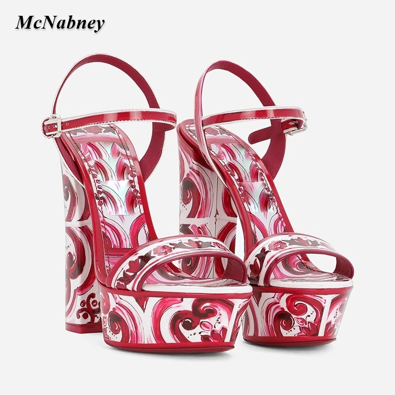 2023 Woman Red Flower Printed High Heels Sandals Platform Open Toe Ankle Buckle Strap Sandal Narrow Band Square Heel Lady Shoes