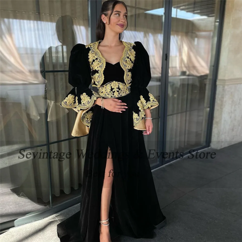 Sevintage Customized Black Prom Dress A-Line Puff Sleeves Lace Appliques Formal Evening Dress High Slit Floor Length Party Gowns