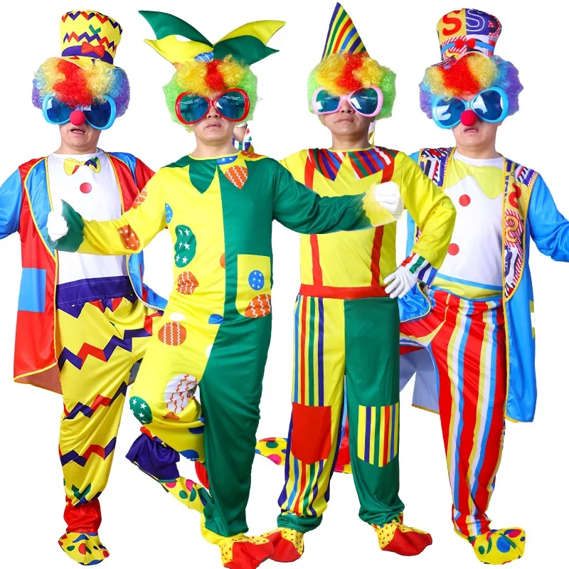 Adult Men Women Circus Clown Costume with Mask Shoes Wig Gloves Bag Clown Funny Costume Carnival Party