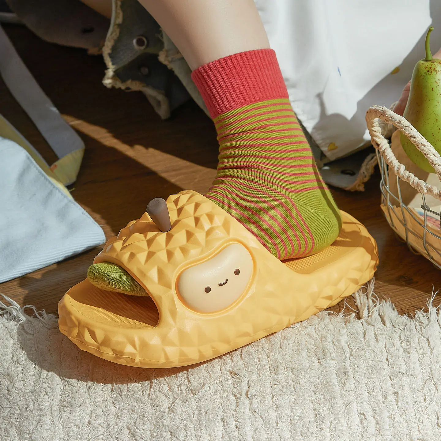 Spring New Cute Durian Shaped Slippers Cartoon Home Cute Couple Parent-child Slippers for Bathroom Bedroom Waterproof Slippers