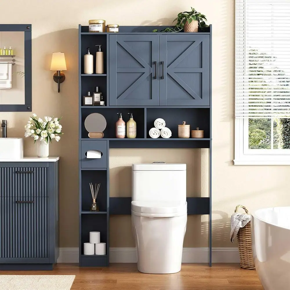 Over The Toilet Storage Cabinet with 2 Barn Do, Blue | armhouse Storage Cabinet with Toilet Paper Holder Stand，Home Space-Saving