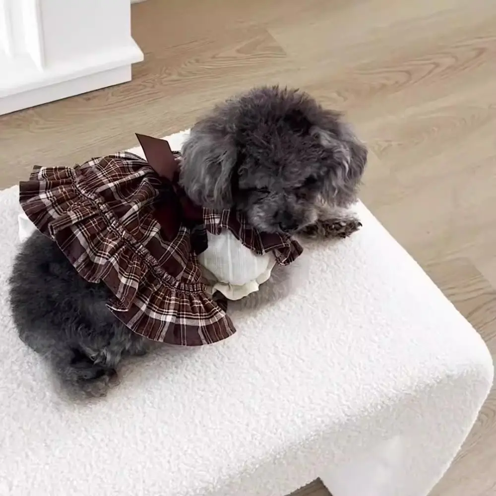 

Retro Pet Plaid Strap Skirt Breathable Thin Design Cat Plaid Pleated Shirt Soft Flying Sleeve Pet Clothes Four Season