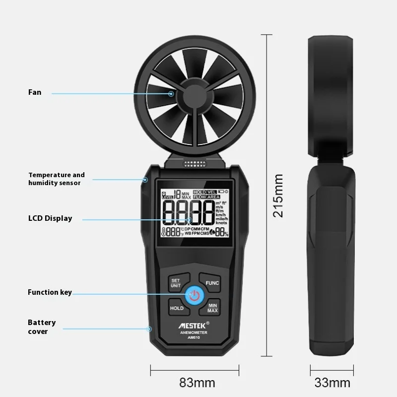 Digital anemometer High-precision handheld anemometer Temperature and humidity meter Wind speed instrument 180 ° rotation