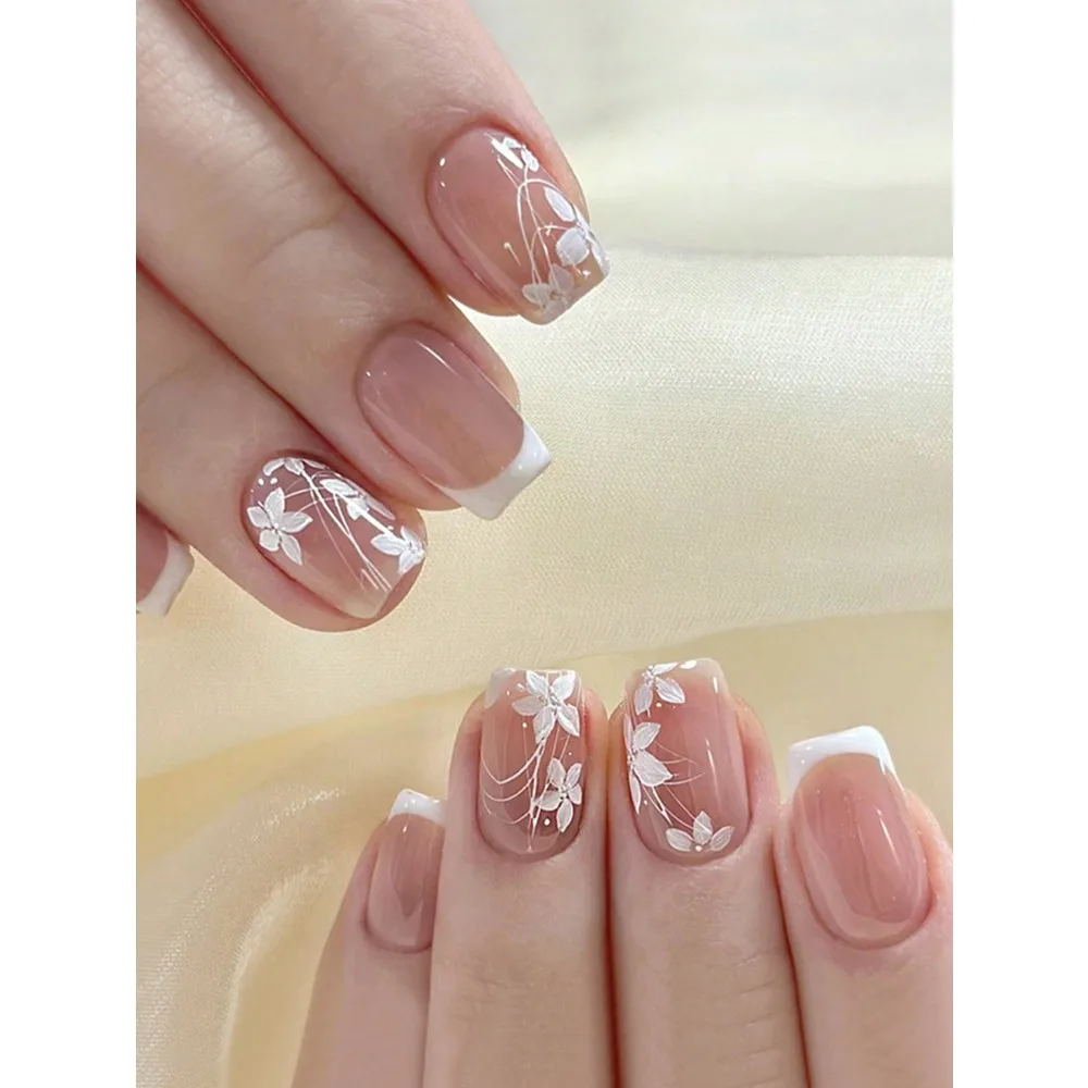 

24pcs/Set Short Gradient Tulip Flower Minimalist Artificial Nail Stickers, Sweet Removable Full Coverage Nail Wraps For Girls/Women Daily Life, Party, Travel And Other Decorative Purposes + 1pc Jelly Gel + 1pc Nail File Manicure Stickers Nail Art Supplies