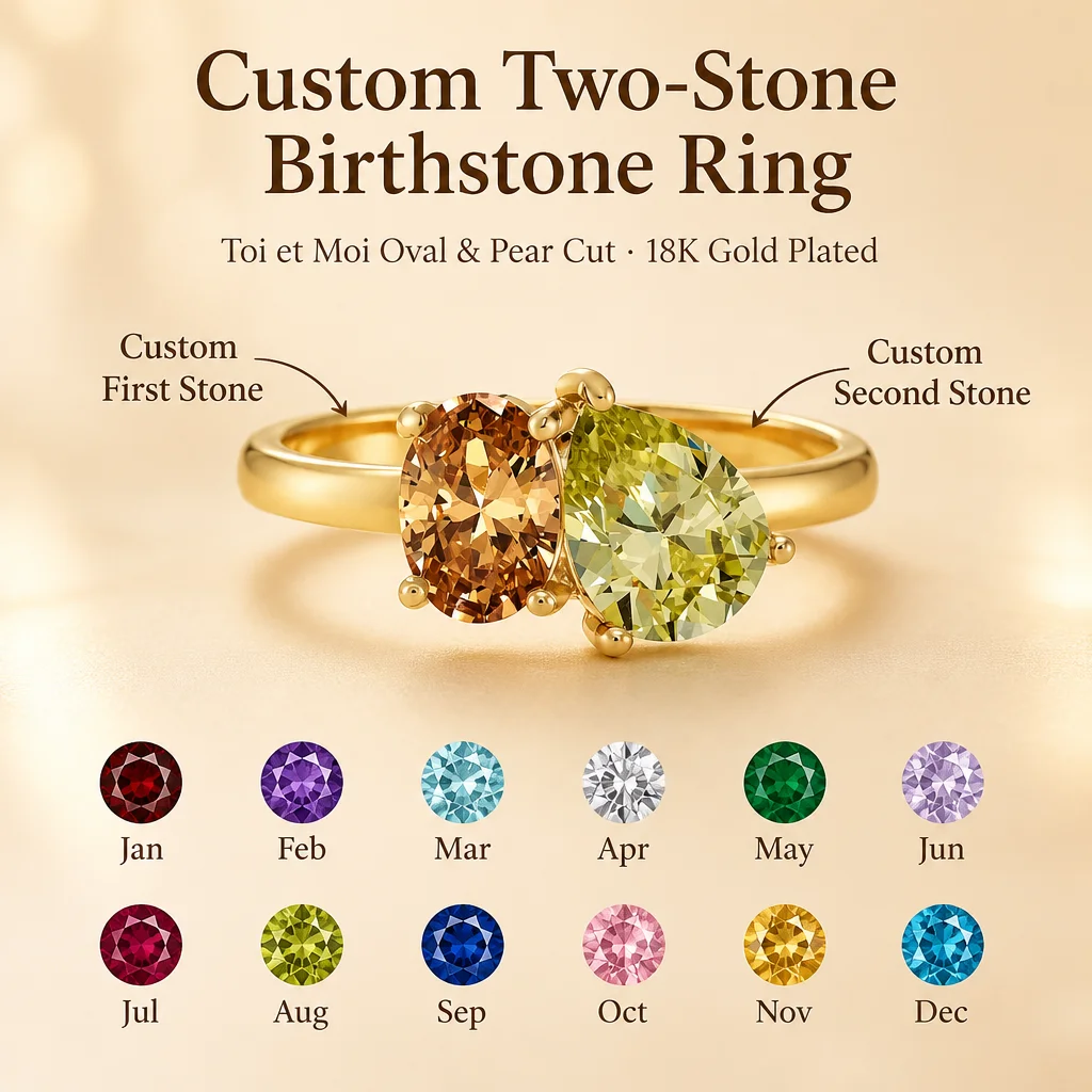 Personalized Stainless Steel 'Toi Et Moi' Dual Birthstone Ring with 18K Gold Plating Colorful Crystal Couple Daughter Keepsake J