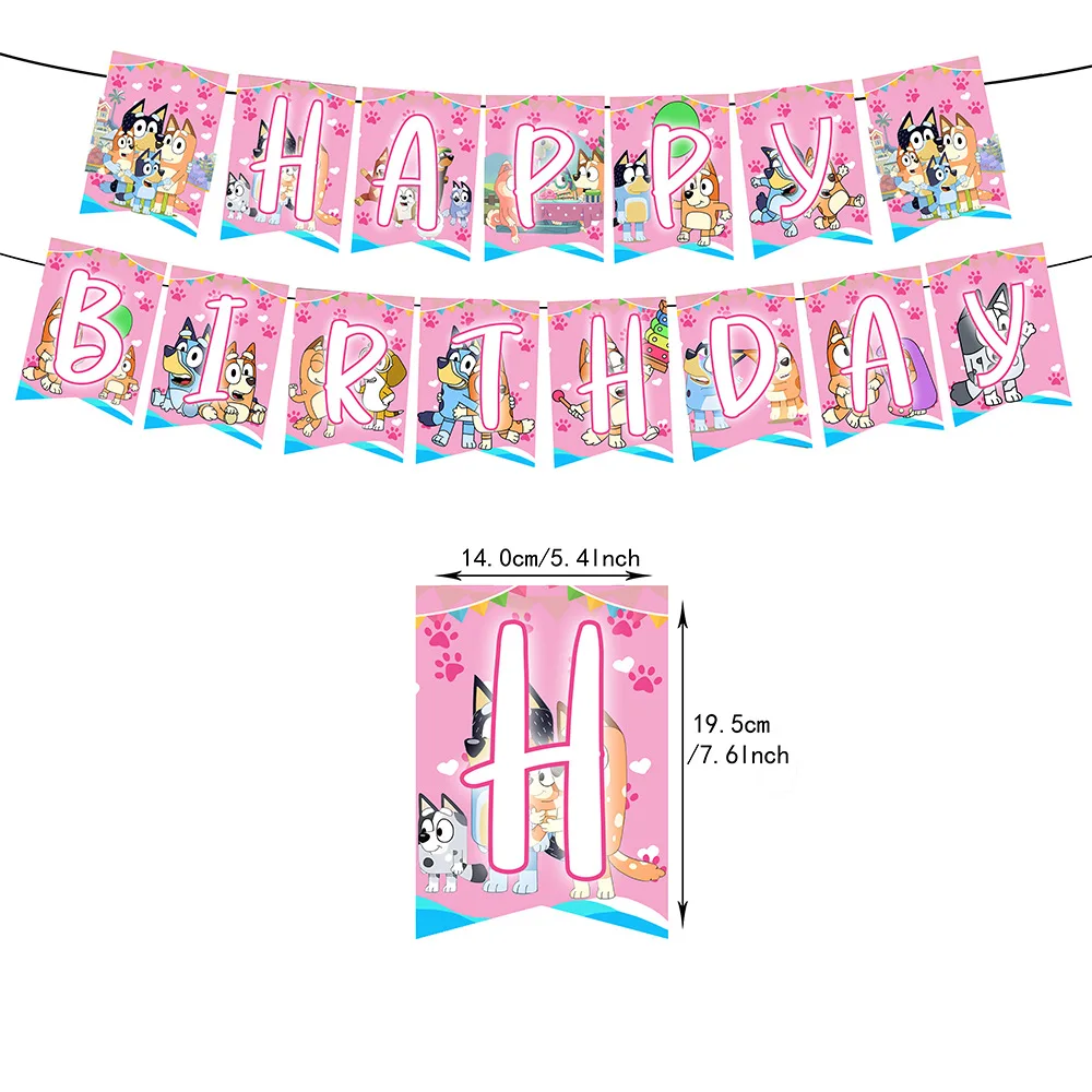 Rosa dos desenhos animados bluey família cão festa de aniversário fornecimento descartável banner bolo topper pendurado bandeira balões conjunto decorações de aniversário