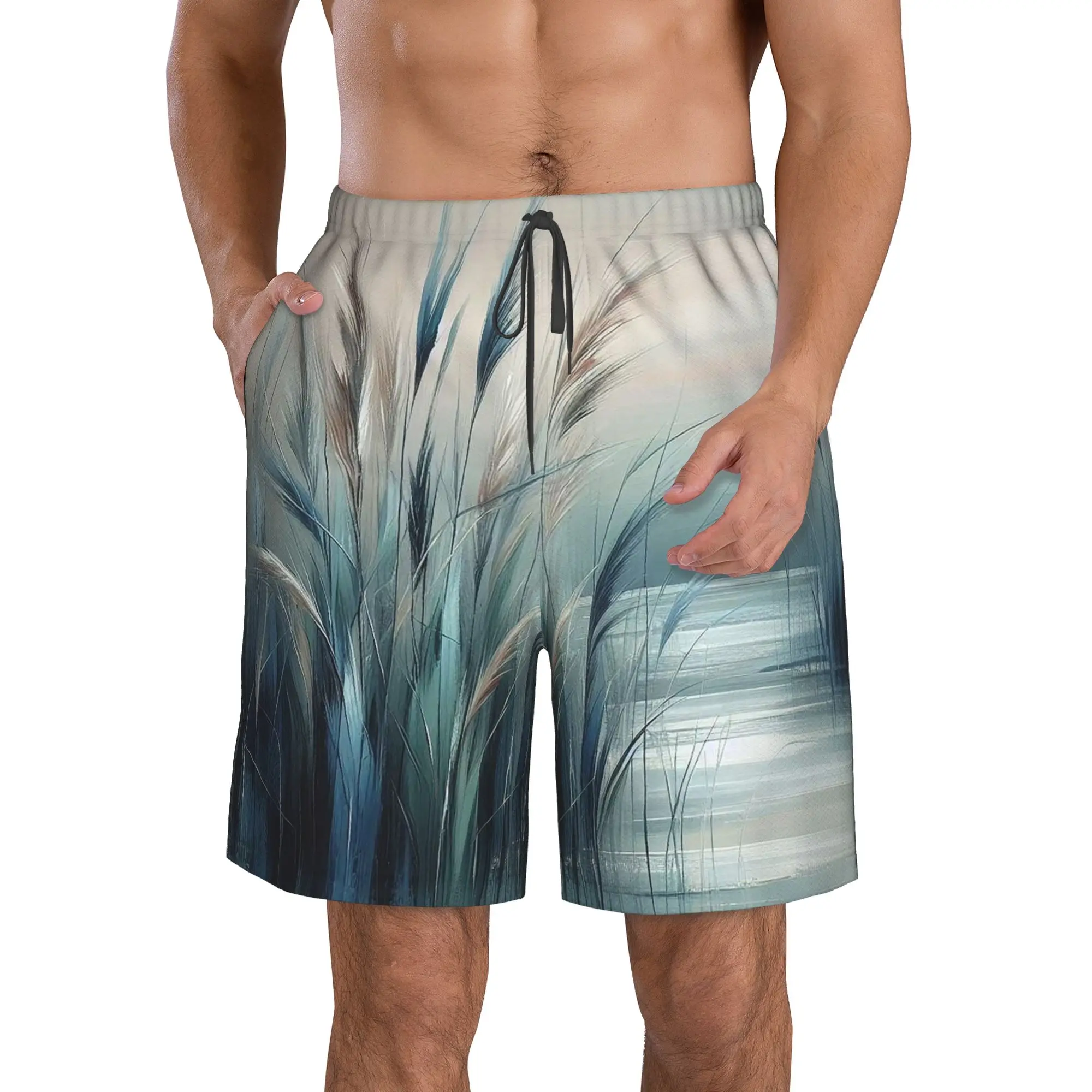Artistic Reeds And Grasses Painting Trunks Beach Board Shorts Casual Quick Dry Swim Summer Men Pants