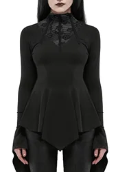 Plus Size Goth Top, Women's Plus Solid Contrast Lace Bell Sleeve Mock Neck Bandana Hem Top