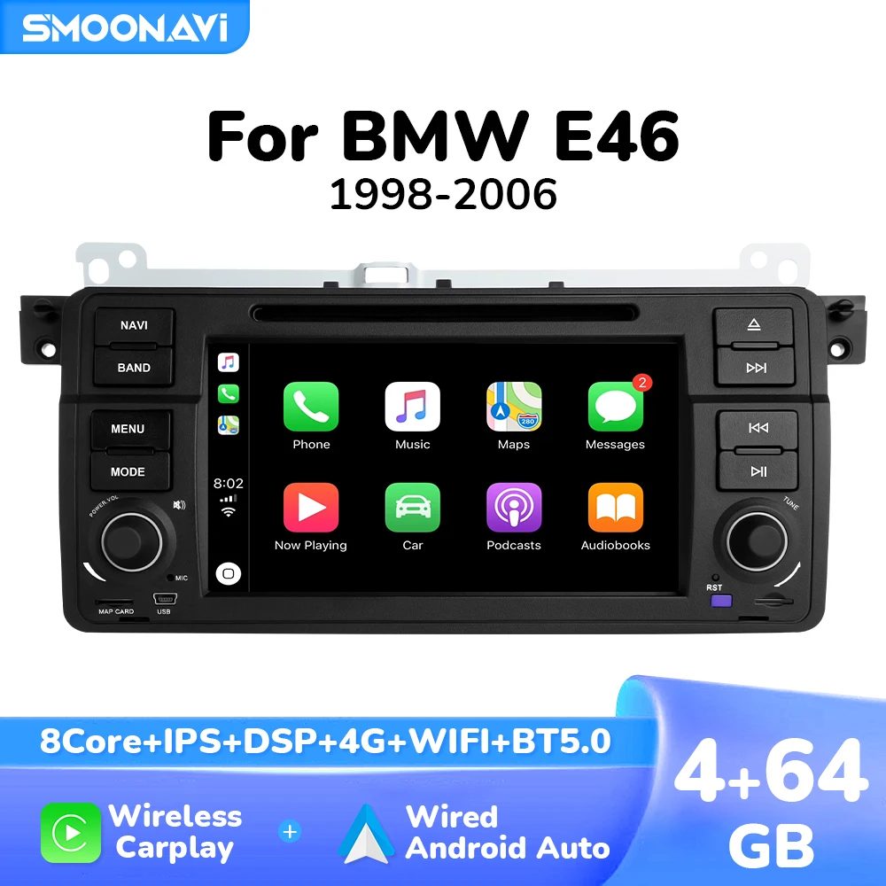 Wireless Carplay Android 12 Car DVD Player For BMW 3 Series E46 M3 318/320/325/330/335 1998-2005 2 Din Multimedia GPS 4G Wifi