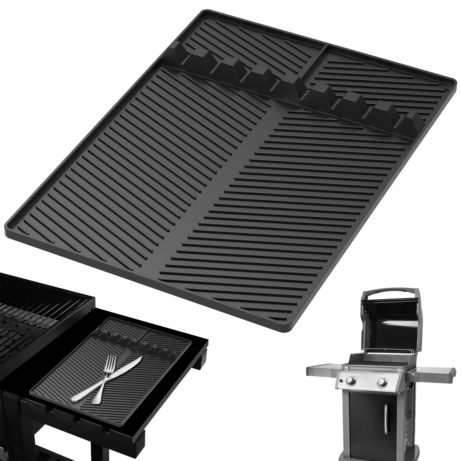 

Grill Side Shelf Mat Silicone Griddle Tool Mat with 8Slot Anti-Slip Grill Holder Pad Heat-Resistant BBQ Utensil Mat Kitchen Tool