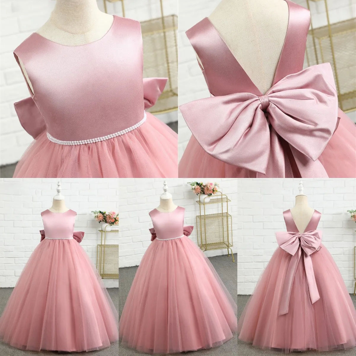 Flower Girl Wedding Party Dresses Pink New 2025 Girls Princess Dress Round Neck Long Gowns Bow Beauty Pageant Gown Customized
