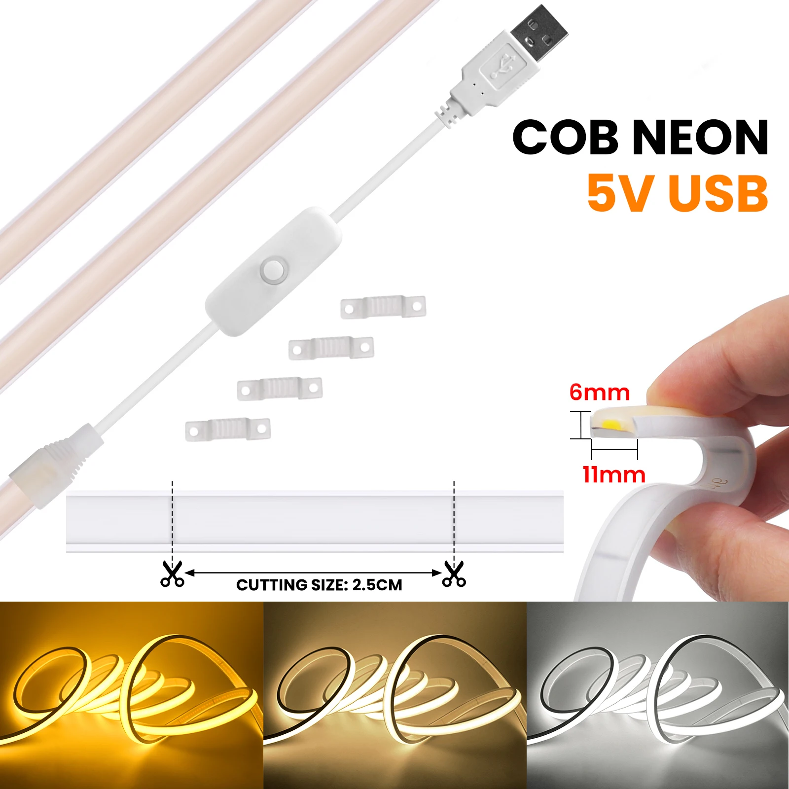 

5V COB LED Strip Light USB Power With Switch Control 320LEDs/M Waterproof DIY LED Neon Rope Light for Cabinet Bedroom Lighting