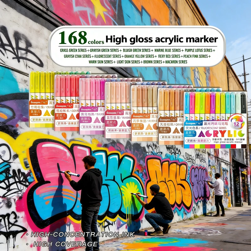 168/12 Colors High Gloss Acrylic Marker Set - Premium Direct Liquid Paint Pens for Painting, Hand Lettering & DIY Art Supplies