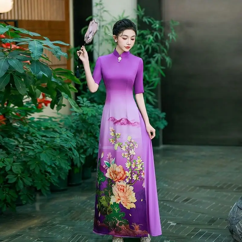 

Китайское традиционное платье Ципао Aodai, Вьетнамское винтажное женское фиолетовое платье Aodai, элегантное вечернее платье Ципао, винтажная одежда