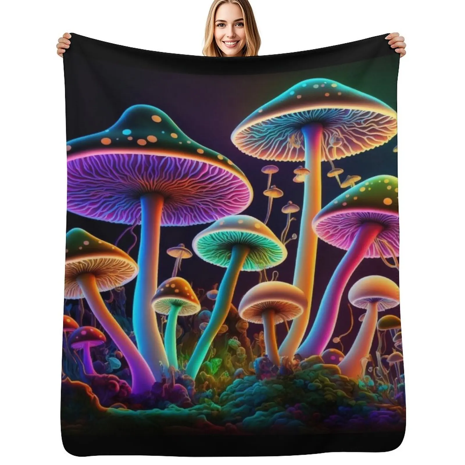 

Glowing Psychedelic Mushrooms Throw Blanket Warm Accent Blanket for Living Room Decoration
