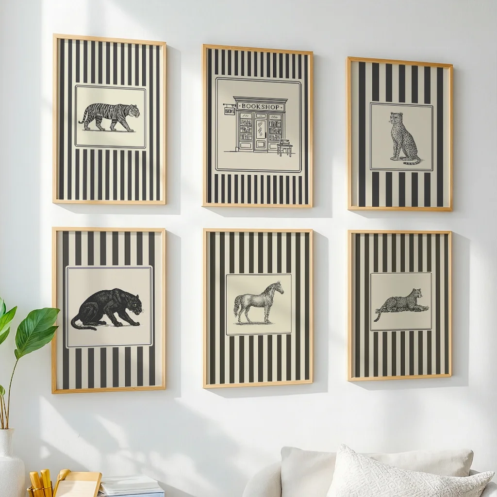 6pcs Vintage Animal Canvas Wall Art, Unframed Featuring Nordic Black and White Striped Posters for Living Room and Bedroom Decor