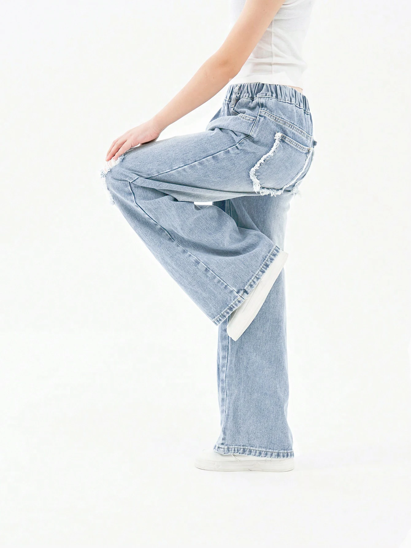

Vintage-style ripped trendy long flared straight-leg loose casual jeans for girls