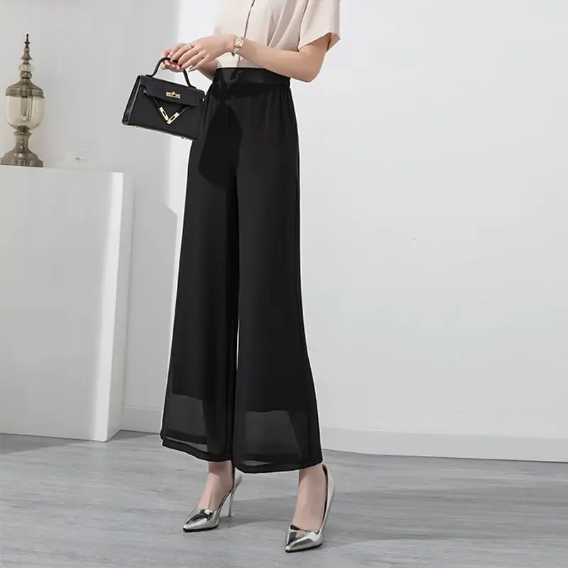 2023 Summer Commuting Simple and Fashionable High Waist Button Back Elastic Belt Solid Color Versatile Women\'s Wide Leg Pants