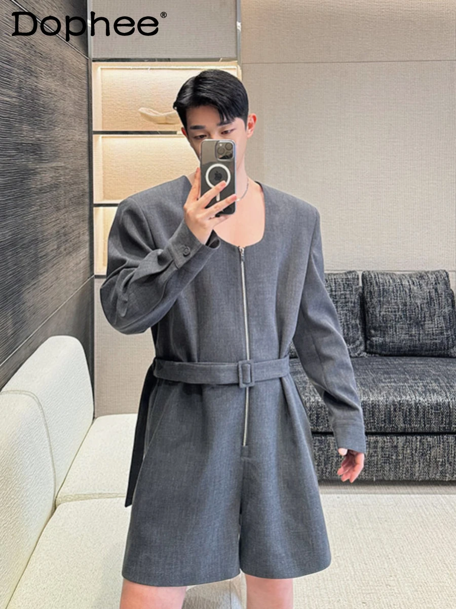 

Fashion Low Collar Jumpsuit Men's High Waist 2024 Spring Handsome Straight Shorts High-End Long Sleeve One-Piece Jumpsuit