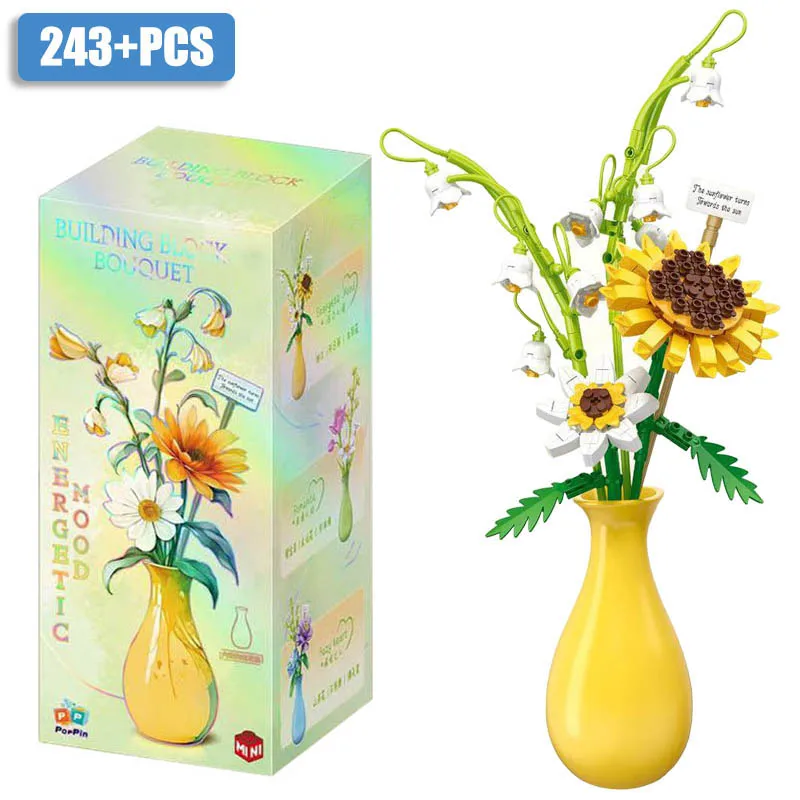 

Creative Flower Bouquet Sunflower Gypsophila Mini Size Building Blocks DIY Flowers Vase Home Decoration Potted Plants For Kids