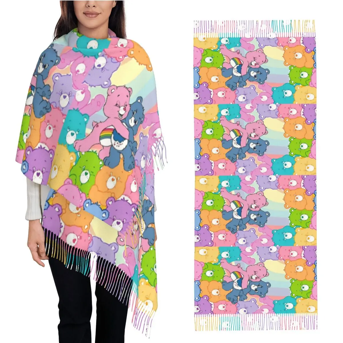 น่ารักการ์ตูน Care Bears ผ้าพันคอ Lady ผ้าพันคอยาวพู่ฤดูหนาว Casual Shawl Wrap กลางแจ้งกราฟิก Bufanda Mujer