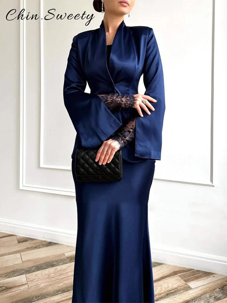 

Chic Satin One Button Long Skirts Sets Women V-neck Split Sleeves Slim Suit Blazer Pleated Skirt 2025 Autumn Lady Evening Suit