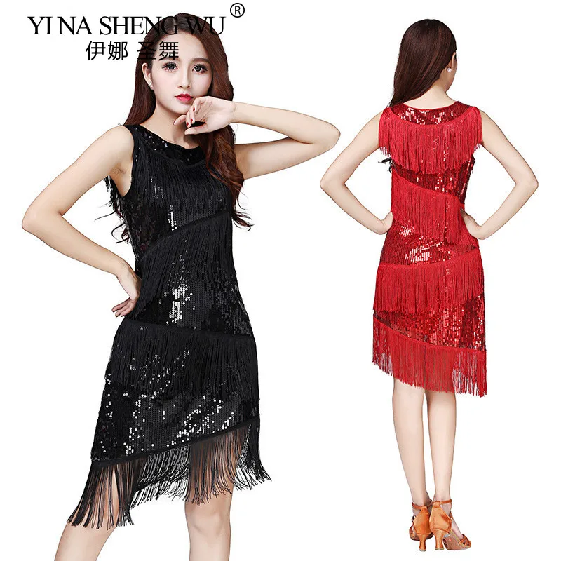 Vestido de baile latino sin mangas para mujer, vestido de baile de salón de Salsa Tango con borlas, traje de práctica de competición de baile latino