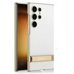 Electroplated Plain Leather Bracket S25 S24 Ultra Phone Case for Samsung Galaxy S24 Preservation Shockproof Cover(NO Pen)