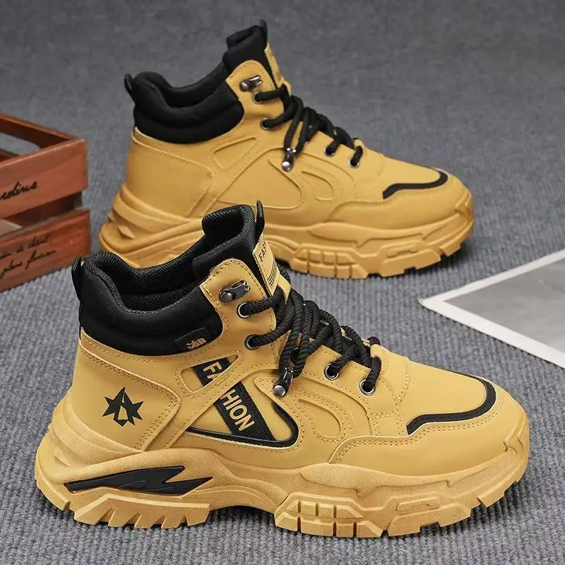 

Men's Autumn Winter Leather High Top Work Boots Thick Sole Non Slip Waterproof Outdoor Casual Sneakers Hiking Boots Ankle Boots