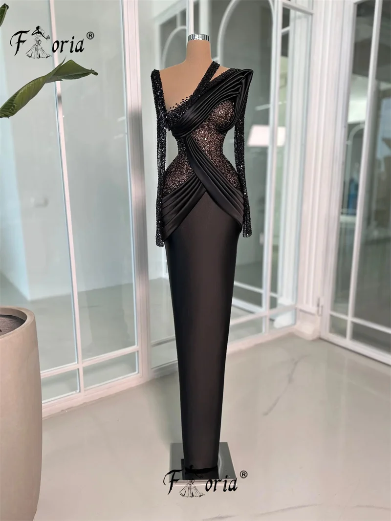 Elegant Black Satin Prom Dress Beads Sequin Long Sleeve Formal Occasion Gown Custom Made Prom New robes longues soirées élégante