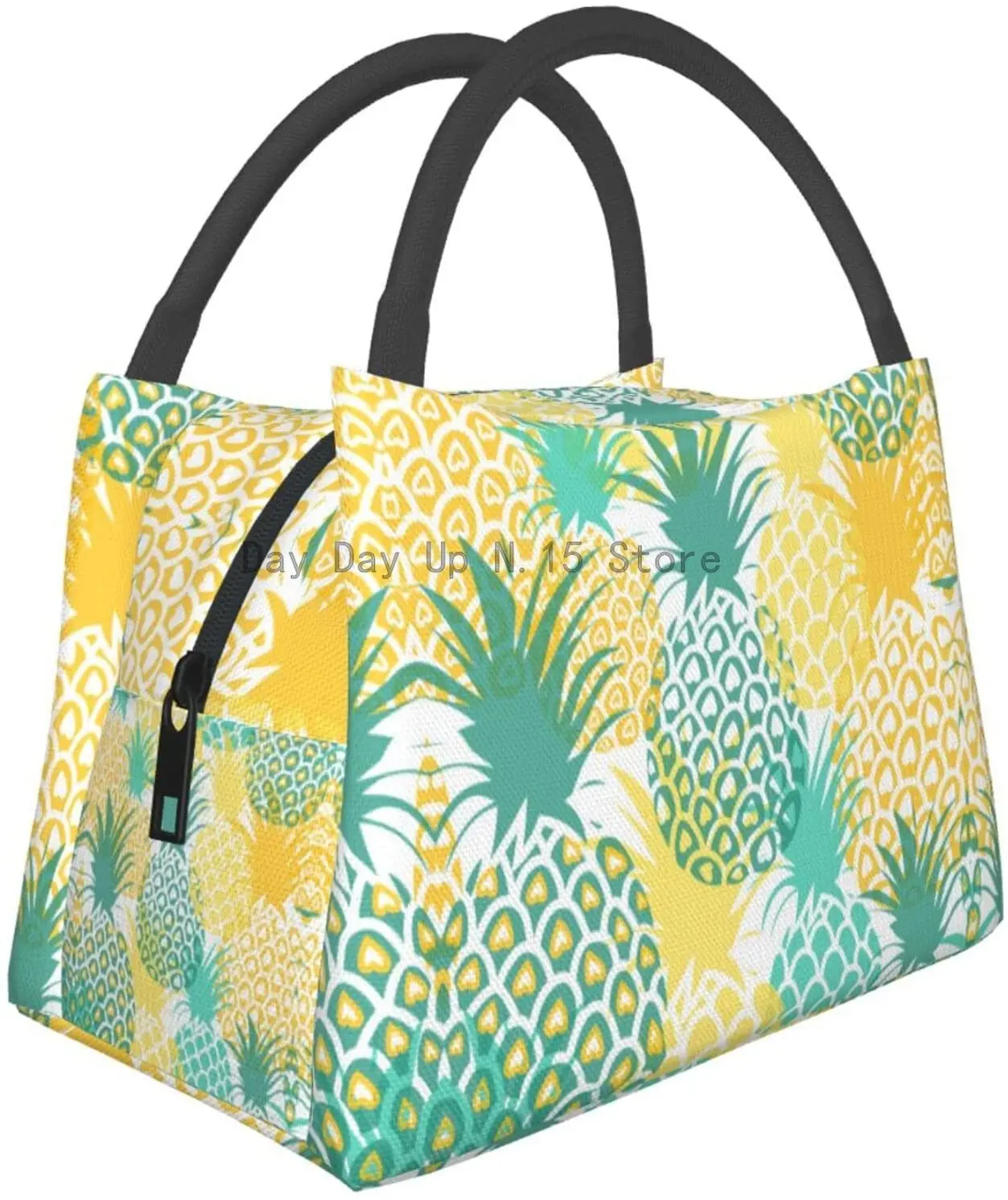 

Yellow And Dark Green Stick Figure Pineapple Print Portable Insulation Bag For Office Work School Picnic Beach