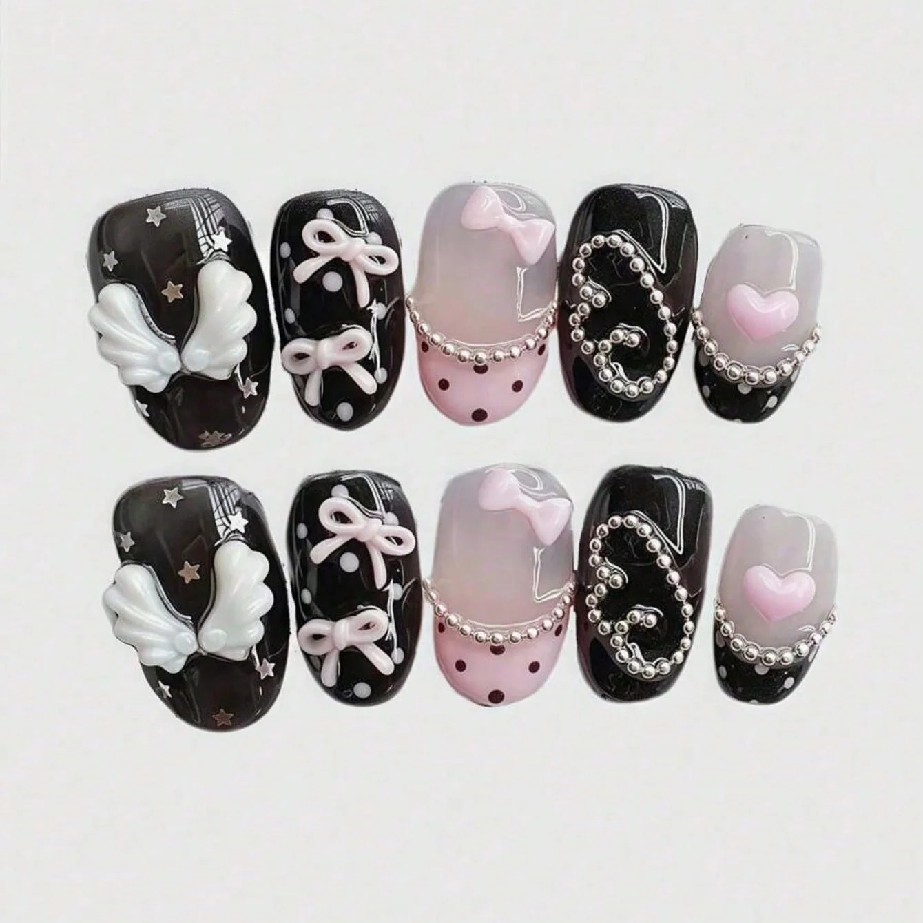 

10pcs pure hand pressed short circular nail art, beautiful fake nails, sweet and cool pink bow, suitable for women to use