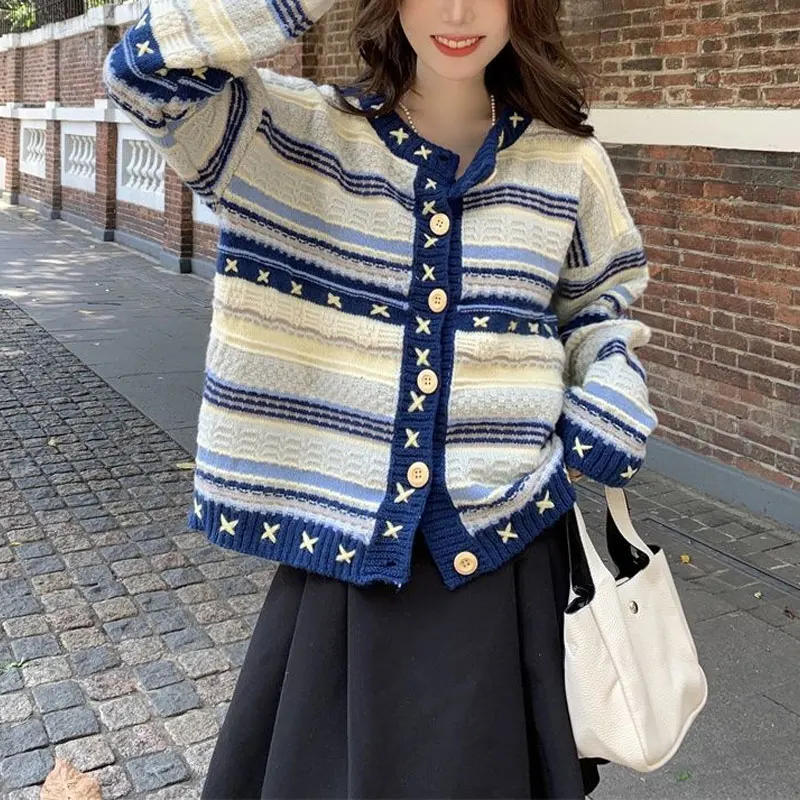 Vintage Color Striped Knitted Loose Cardigan Stylish Female Clothing Folk O-Neck Autumn Winter Sweet Single-breasted Sweaters