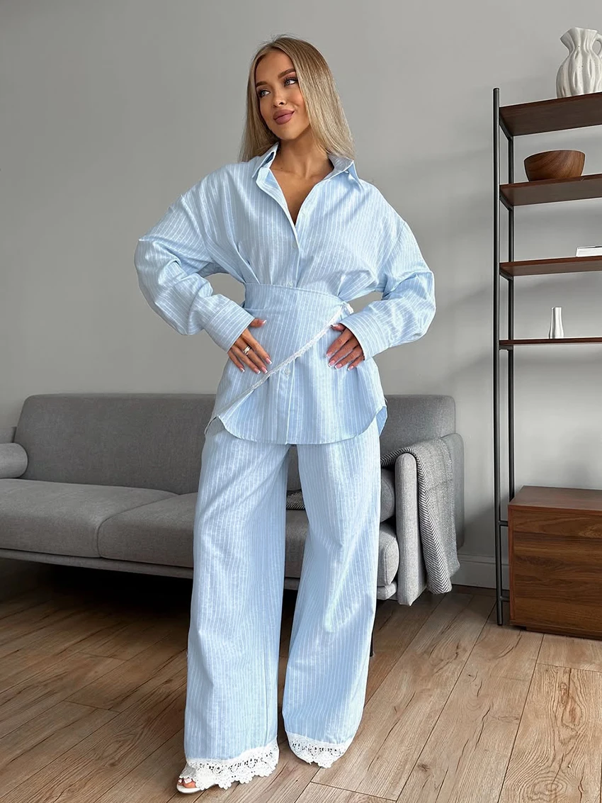 

Marthaqiqi Striped Women Sleepwear Set Long Sleeve Pajama Turn-Down Collar Nightie Apron Pants Casual Femme Pyjamas 3 Piece Suit