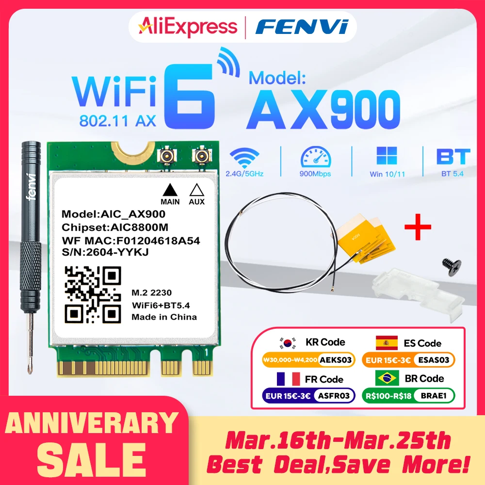 

fenvi AX900 WiFi 6 M.2 Network Card Bluetooth 5.4 Dual Band 2.4G&5GHz WiFi6 Wireless Adapter For Windows 10/11