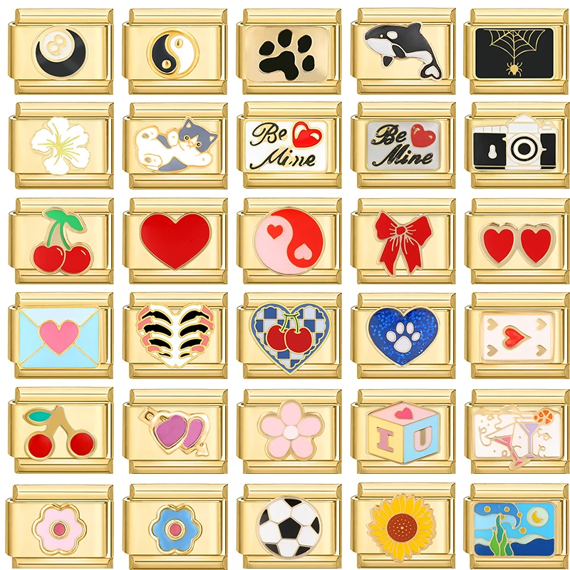 Bracelet italien en acier inoxydable pour femmes, couleur or, cœur, breloque élastique, lien de 9mm, bricolage, fabrication de bijoux, cadeau de fête