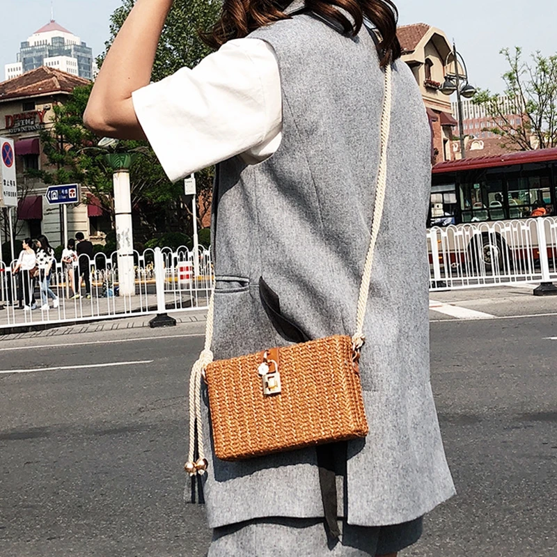 2023 Summer Beach Women Straw Handbags Messenger bag Square Hand Woven Rattan Bag Ladies Crossbody Shoulder Bags bolsa feminina