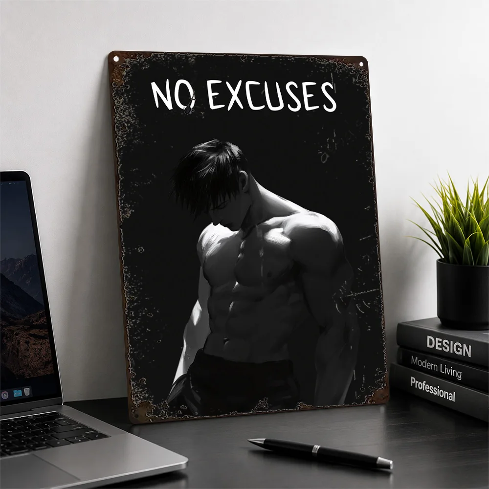 Muscular Man No Excuses Quote Aluminum Poster Japanese Anime Wall Art For Training Studio Personalized Metal Sign Coach Gift